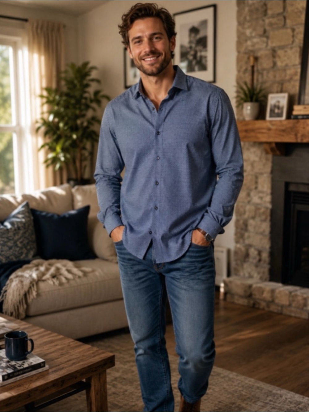 Men's Casual Blue Button-Down Shirt - Modern Everyday Style